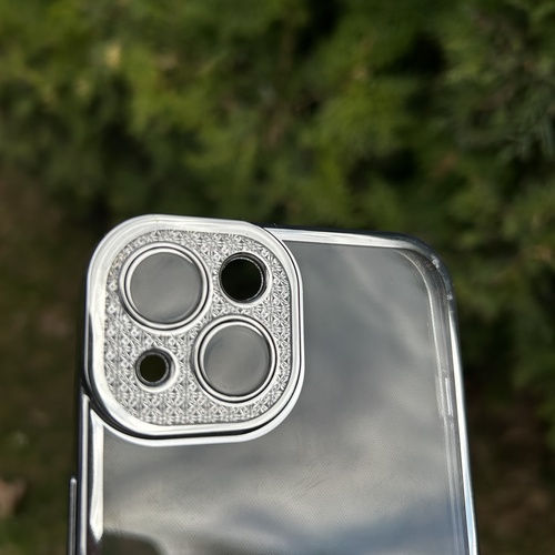 Dış Çekim Ön Yüz İphone 13 Gümüş Çerceveli Elmas Görünümlü Silikon Kılıf