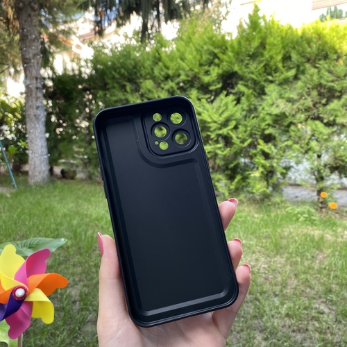 Dış Çekim Arka Yüz İPhone 12 Pro Max Kamera Korumalı Deri Desenli Siyah Silikon Kılıf