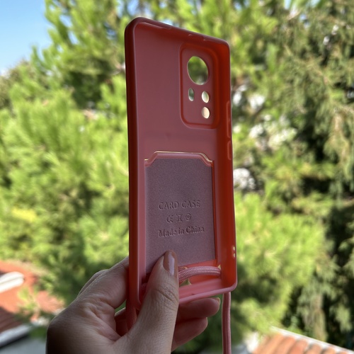Dış Çekim Arka Yüz Xiaomi Redmi Note 12 Pro 5G Askılı ve Kartlıklı Pembe Silikon Kılıf