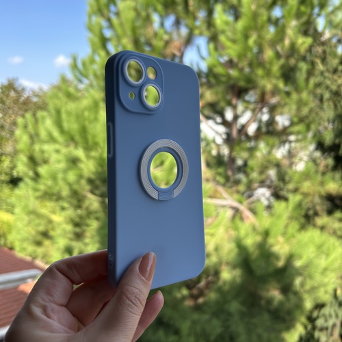 Dış Çekim  Ön Yüz İphone 14 Kamera Korumalı Yüzüklü Mavi Silikon Kılıf