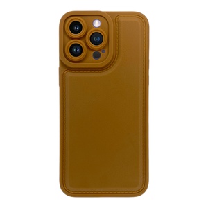 İPhone 14 Pro Max Kamera Korumalı Deri Desenli Kahverengi Silikon Kılıf