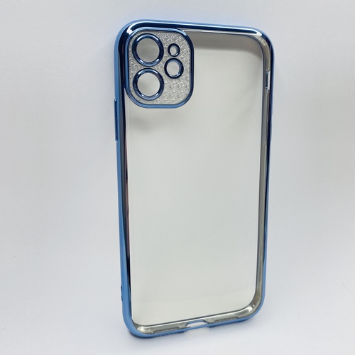 Ön Yüz İphone 11 Mavi Çerceveli Elmas Görünümlü Silikon Kılıf