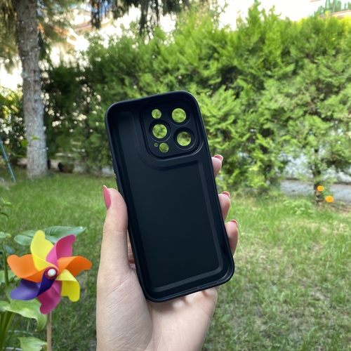 Dış Çekim Arka Yüz İPhone 14 Pro Kamera Korumalı Deri Desenli Siyah Silikon Kılıf