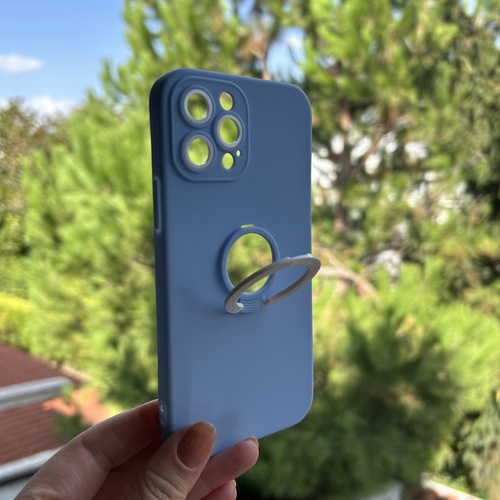 Dış Çekim Ön Yüz İphone 12 Pro Kamera Korumalı Yüzüklü Mavi Silikon Kılıf (2)