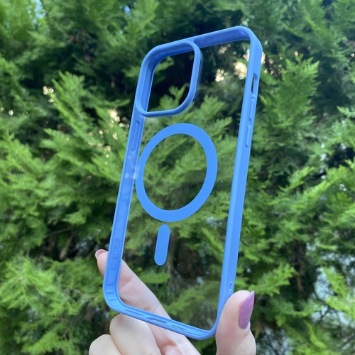 Dış Çekim Ön Yüz İPhone 15 Pro Max Mavi  Çerçeveli MagSafe Kılıf