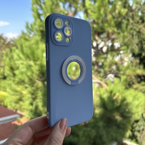 Dış Çekim Ön Yüz İphone 12 Pro Kamera Korumalı Yüzüklü Mavi Silikon Kılıf