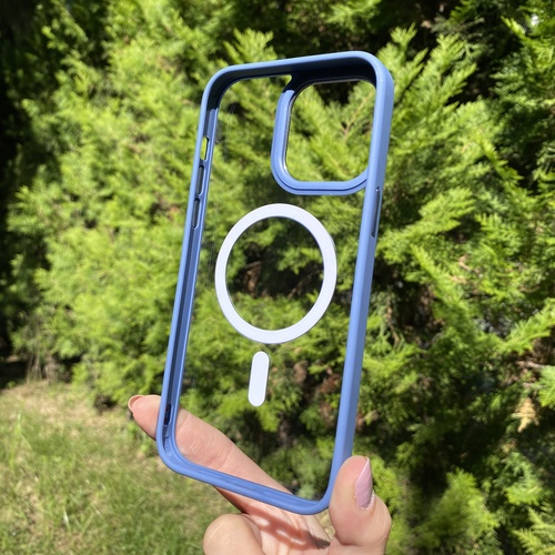 Dış Çekim Arka Yüz iPhone 14 Pro Max Mavi Çerçeveli MagSafe Kılıf