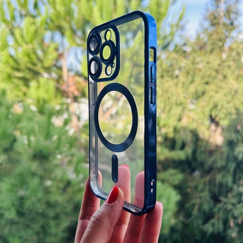 Dış Çekim Ön Yüz iPhone 14 Pro Mavi Parlak Kenarlı MagSafe Kılıf