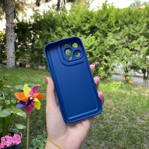 Dış Çekim Arka Yüz İPhone 14 Pro Max Kamera Korumalı Deri Desenli Mavi Silikon Kılıf