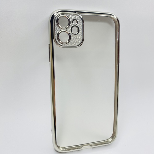 Ön Yüz İphone 11 Gümüş Çerceveli Elmas Görünümlü Silikon Kılıf