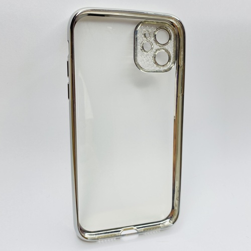 Arka Yüz İphone 11 Gümüş Çerceveli Elmas Görünümlü Silikon Kılıf