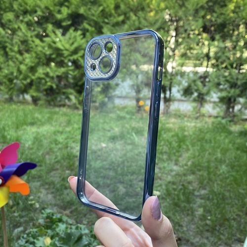 Dış Çekim Ön Yüz İphone 13 Mavi Çerceveli Elmas Görünümlü Silikon Kılıf