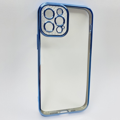 Ön Yüz İphone 12 Pro Mavi Çerceveli Elmas Görünümlü Silikon Kılıf