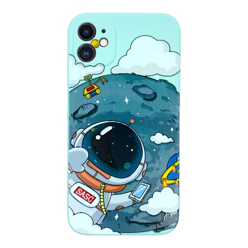 Ön Yüz iPhone 12 Aydaki Astronot Turkuaz Silikon Kılıf
