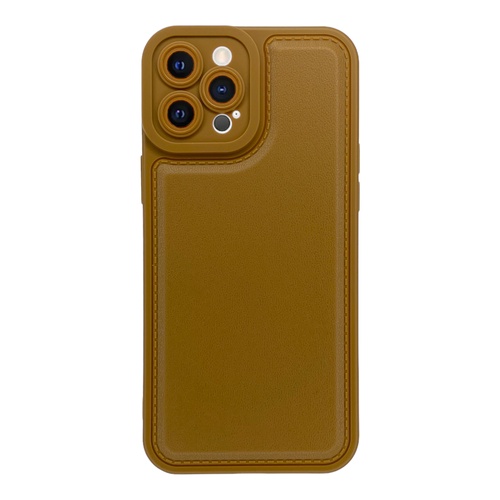 Ön Yüz İPhone 12 Pro Max Kamera Korumalı Deri Desenli Kahverengi Silikon Kılıf