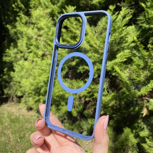 Dış Çekim Ön Yüz iPhone 14 Pro Max Mavi Çerçeveli MagSafe Kılıf