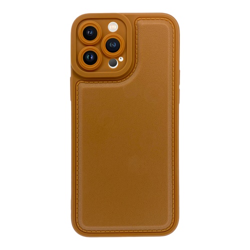 Ön Yüz İPhone 13 Pro Max Kamera Korumalı Deri Desenli Kahverengi Silikon Kılıf