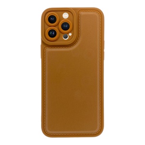 iPhone 13 Pro Max Kamera Korumalı Deri Desenli Kahverengi Silikon Kılıf
