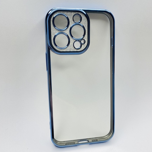 Ön Yüz İphone 13 Pro Mavi Çerceveli Elmas Görünümlü Silikon Kılıf