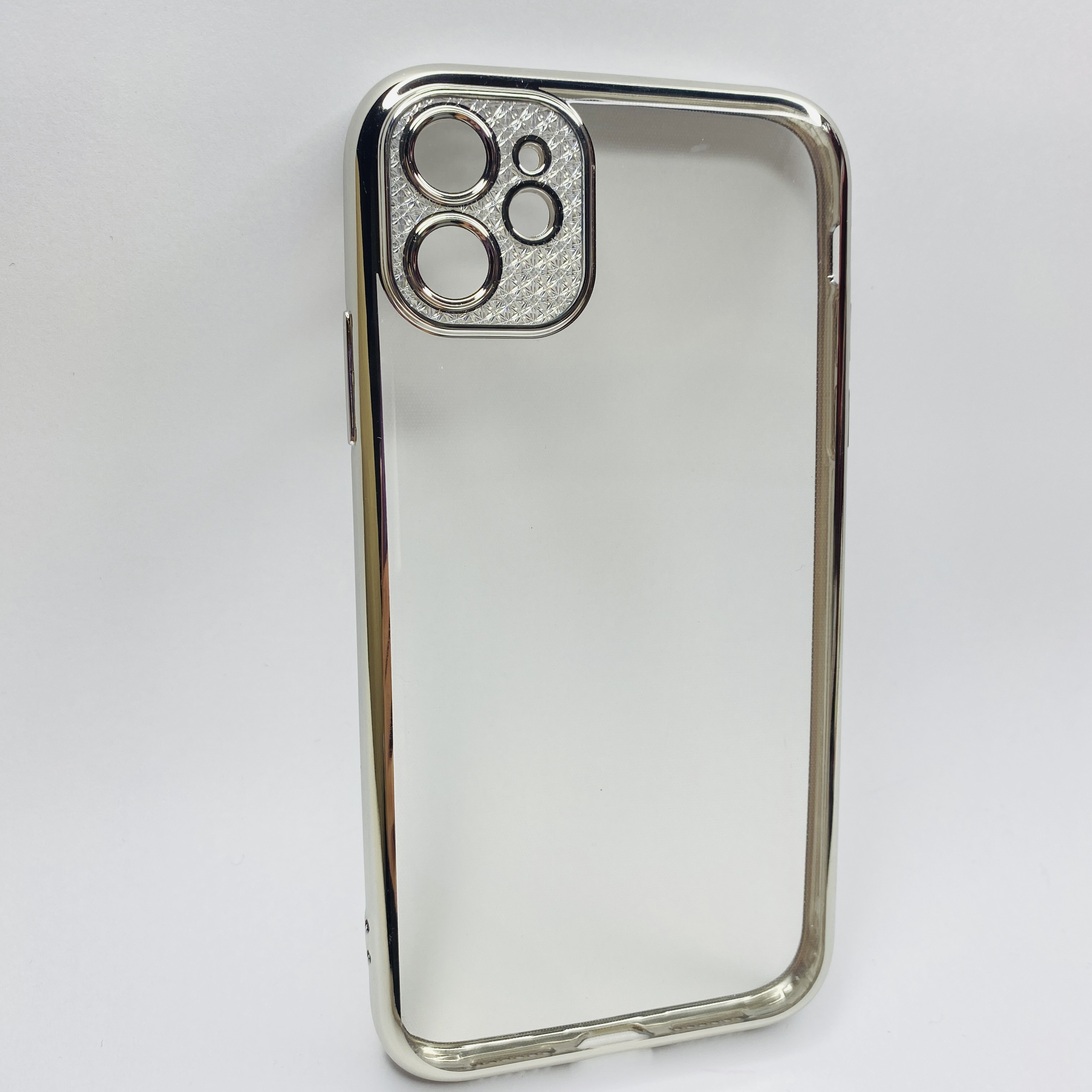 iPhone 11 Gümüş Çerceveli Elmas Görünümlü Silikon Kılıf